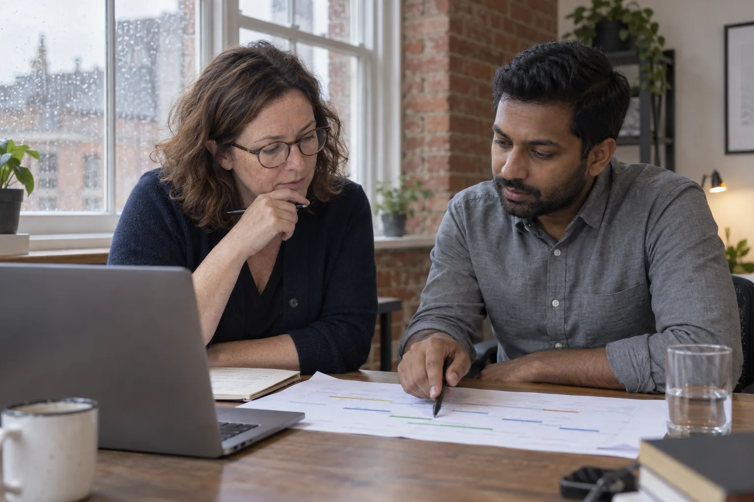 Colleagues comparing notes during a project discussion