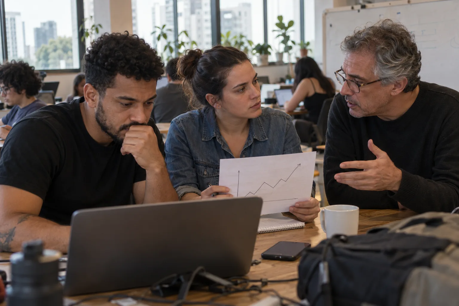 A mentor discussing a growth chart with two startup founders, generated with AI