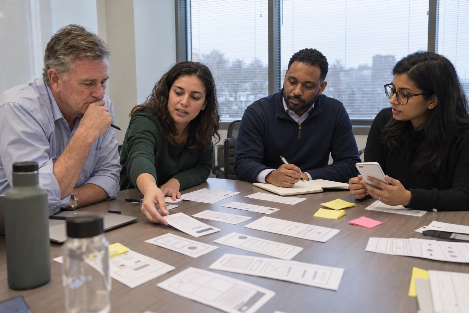 A company executive and a studio team reviewing paper product mockups, generated with AI